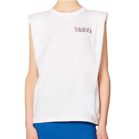 Sandro Just Love White Shoulder Pad Muscle Tee Shirt Size 0 - Picture 1 of 7